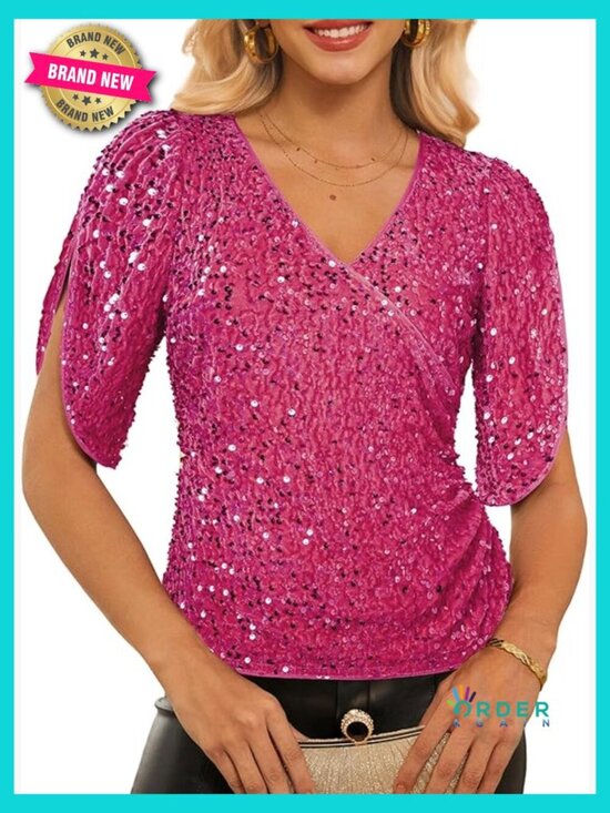 Tops - V Neck Velvet Sequin Blouse 3/4 Sleeve Ruched Party Top Dressy Sparkly